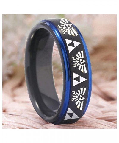 FREE Custom Engraving The Legend of Zelda Ring- Crest and Triforce Ring Black and Blue Step Tungsten Carbide Wedding Bands Ri...