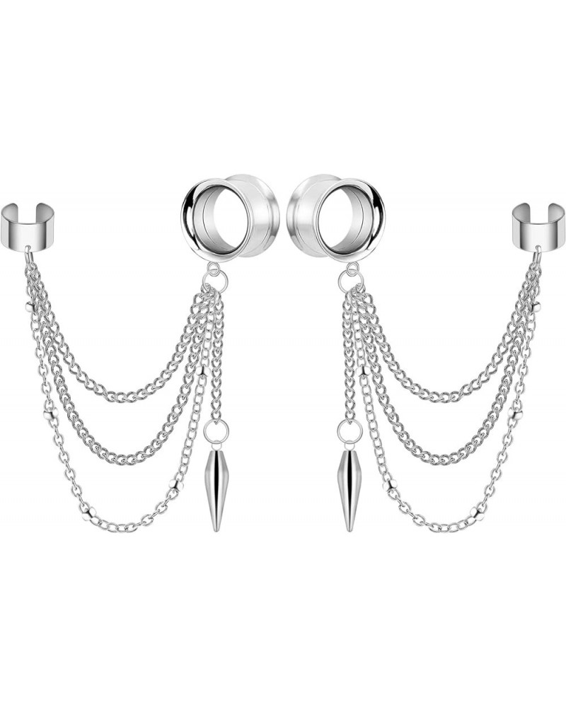 Stainless Steel Dangle Cross Ear Tunnels Chain Huggie Hoop Earrings Gauges 2G-5/8 inch silver cone, 0g(8mm) $5.59 Body Jewelry