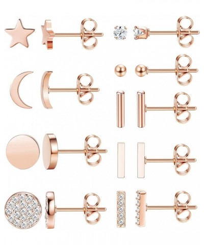 9 Pairs Stainless Steel Star Moon Stud Earrings for Women Cute Bar CZ Stud Earring Set B: Rose Gold $11.54 Earrings