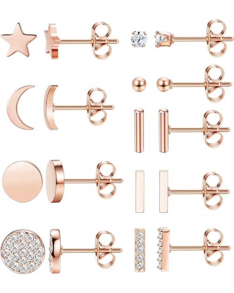 9 Pairs Stainless Steel Star Moon Stud Earrings for Women Cute Bar CZ Stud Earring Set B: Rose Gold $11.54 Earrings