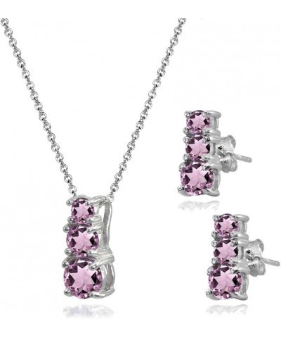 Sterling Silver Genuine or Synthetic Gemstone Round Graduating Three Stone Stud Earrings & Necklace Set Purple CZ $23.39 Jewe...