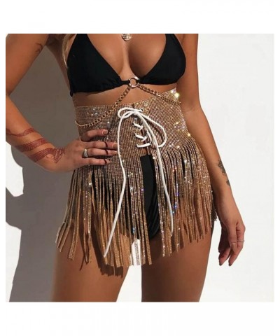 Sparkly Crystal Dance Skirt Gold Rhinestone Waist Chain Bandage Sexy Belly Body Chain Nightclub Hip Chain Beach Party Ravr Je...