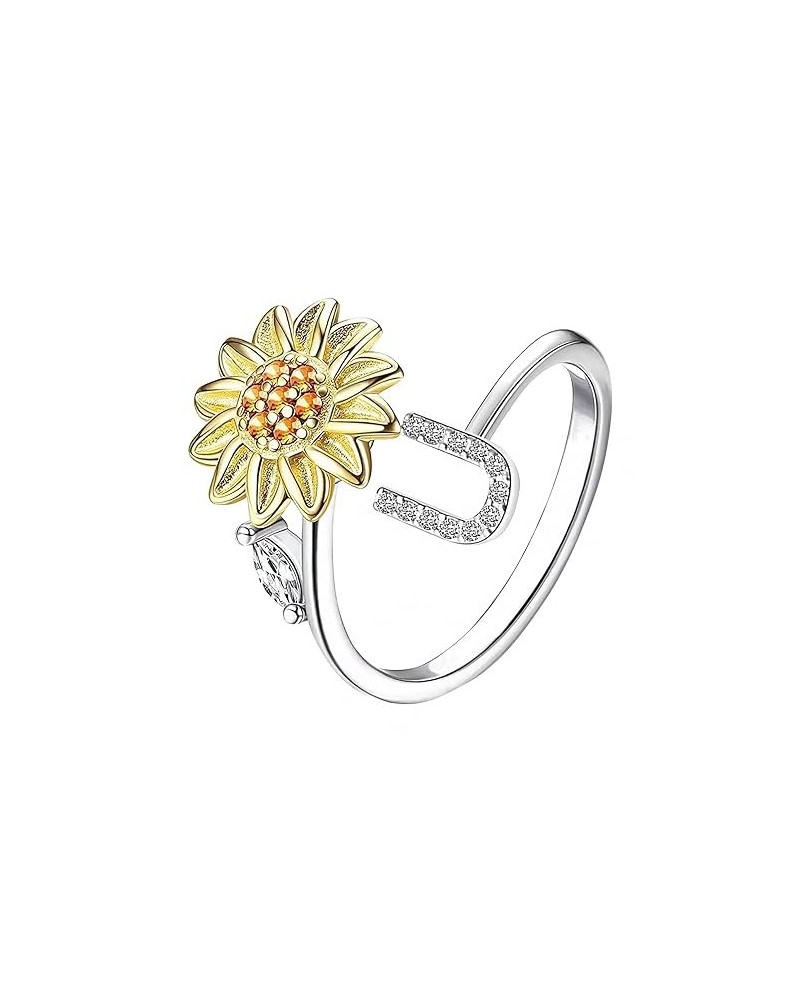 Sunflower Initial Silver Rings for Women Alphabet Studded Zirconia Sun Flower Personalized Letter Jewelry Accessory Gifts One...