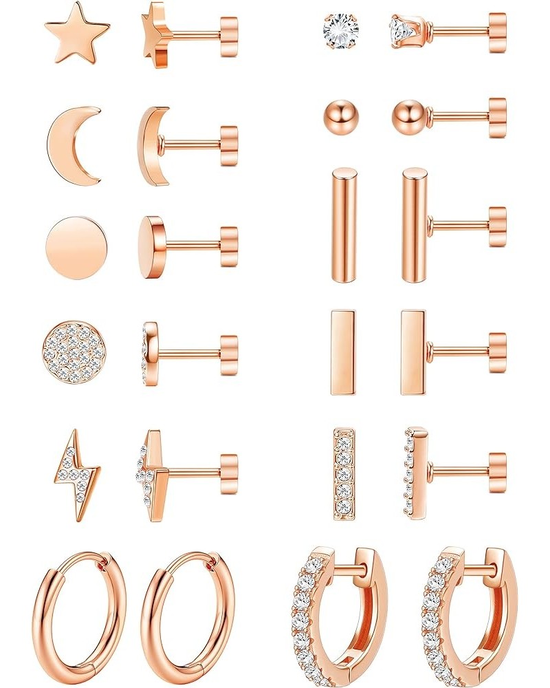 Flat Back Stud Earrings Set for Multiple Piercing Bar Earrings for Women Hypoallergenic Flatback Cartilage Earrings rose gold...