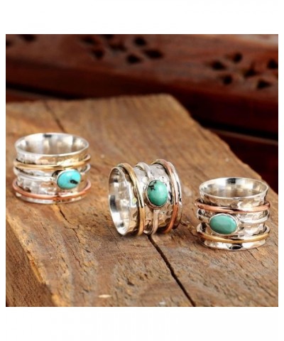 Spinner Turquoise Wide Band Ring for Women & Girls, Multilayer Fidget & Boho Ring,Vintage Silver Line Wrap Ring (US size 8) U...