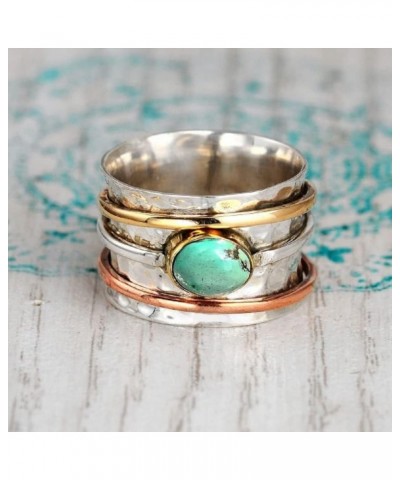 Spinner Turquoise Wide Band Ring for Women & Girls, Multilayer Fidget & Boho Ring,Vintage Silver Line Wrap Ring (US size 8) U...