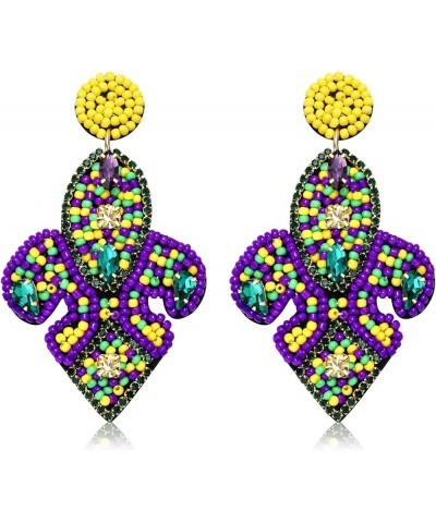 Mardi Gras Earrings for Women Girls Mardi Gras Beaded Drop Dangle Earrings Mardi Gras Heart Bead Earrings Mardi Gras Rhinesto...