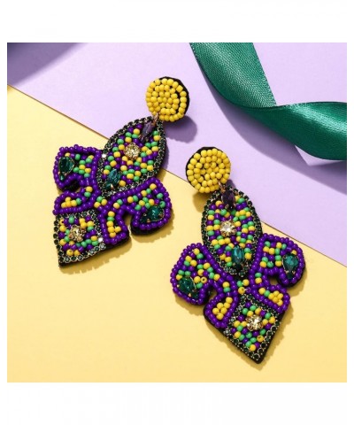 Mardi Gras Earrings for Women Girls Mardi Gras Beaded Drop Dangle Earrings Mardi Gras Heart Bead Earrings Mardi Gras Rhinesto...