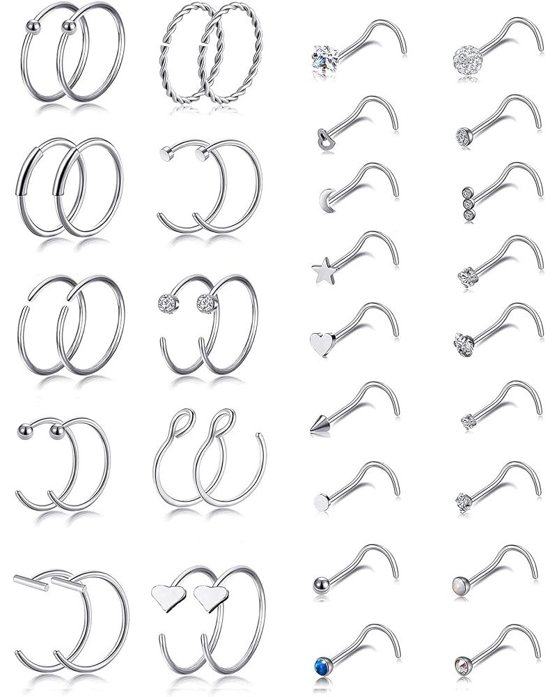 20G 38Pcs Stainless Steel L Bone Screw Shaped Nose Studs Nose Rings CZ Hoop Tragus Cartilage Nose Ring Labret Nose Piercing J...