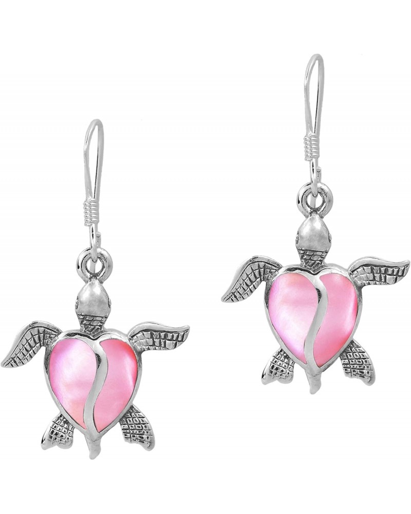 Love Life Sea Turtle Heart Pink Mother of Pearl .925 Sterling Silver Dangle Earrings | New Year Earrings $12.00 Earrings