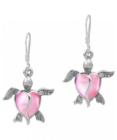 Love Life Sea Turtle Heart Pink Mother of Pearl .925 Sterling Silver Dangle Earrings | New Year Earrings $12.00 Earrings