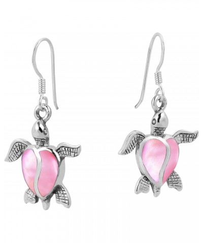 Love Life Sea Turtle Heart Pink Mother of Pearl .925 Sterling Silver Dangle Earrings | New Year Earrings $12.00 Earrings