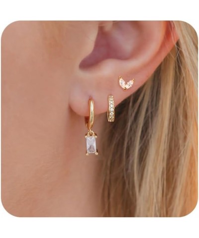 3 Pairs Gold Earrings Set,14k Gold Plated Stud Earrings With Cubic Zirconia Hypoallergenic Lightweight Multiple Cartilage Pie...