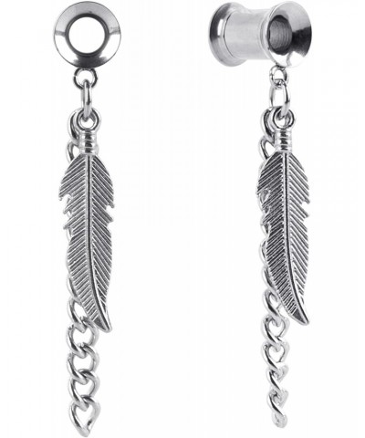 Feather Ear Gauges Dangle Plugs Tunnel for Ears, 2g 6mm Gauges for Ears, Dangle Gauges with Chain, Stainless Steel Feather Ch...