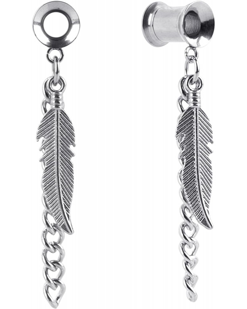 Feather Ear Gauges Dangle Plugs Tunnel for Ears, 2g 6mm Gauges for Ears, Dangle Gauges with Chain, Stainless Steel Feather Ch...