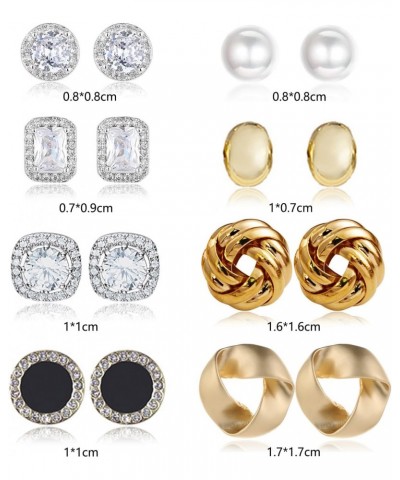 8 Pairs Stud Earrings Set for Women Cubic Zirconia Halo Studs Gold Knot Twist Stud Earrings Faux Pearl Simple Post Earrings f...