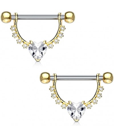 Heart CZ Center with Lined Prong Set CZs Dangle 316L Surgical Steel Nipple Ring Gold/Clear-Pair $15.07 Body Jewelry