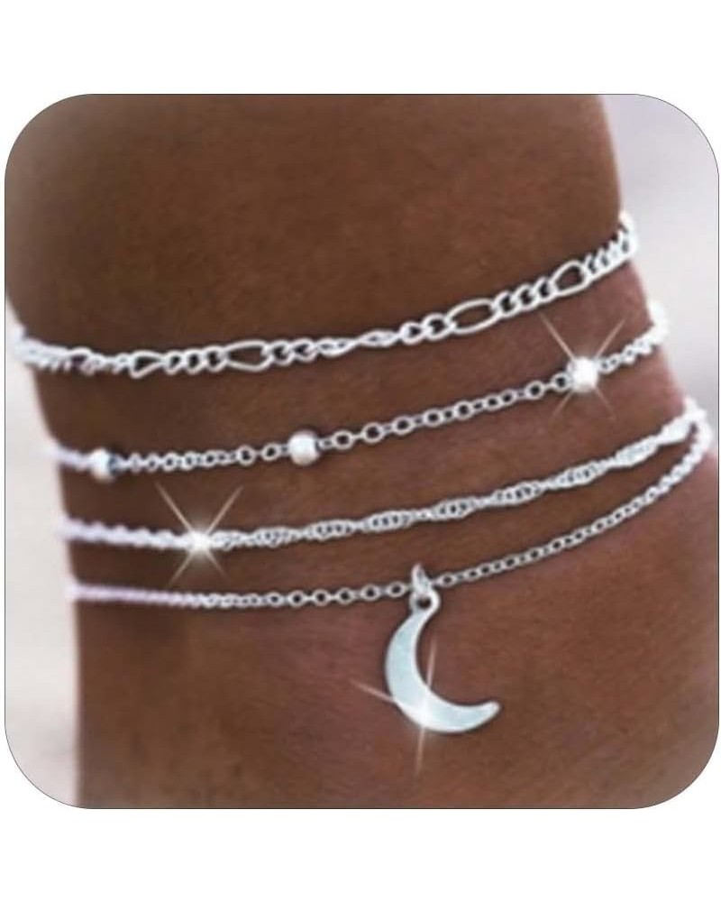 4Pcs Moon Anklet for Women Boho Beads Ankle Bracelet Cuba Anklet Layered Anklets Bohemian Beach Foot Chain Adjustable Beads C...