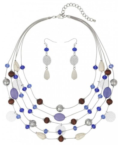 5Layer Multi Color Beaded Illusion Wire Collar Statement Necklace with Earrings for Women N0026-Blue+Purple $11.39 Jewelry Sets