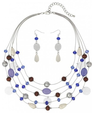 5Layer Multi Color Beaded Illusion Wire Collar Statement Necklace with Earrings for Women N0026-Blue+Purple $11.39 Jewelry Sets