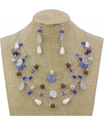 5Layer Multi Color Beaded Illusion Wire Collar Statement Necklace with Earrings for Women N0026-Blue+Purple $11.39 Jewelry Sets