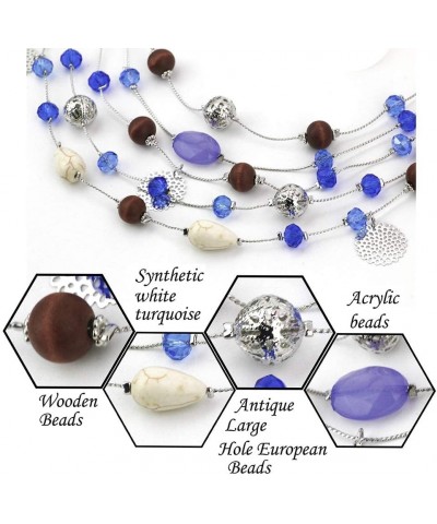 5Layer Multi Color Beaded Illusion Wire Collar Statement Necklace with Earrings for Women N0026-Blue+Purple $11.39 Jewelry Sets