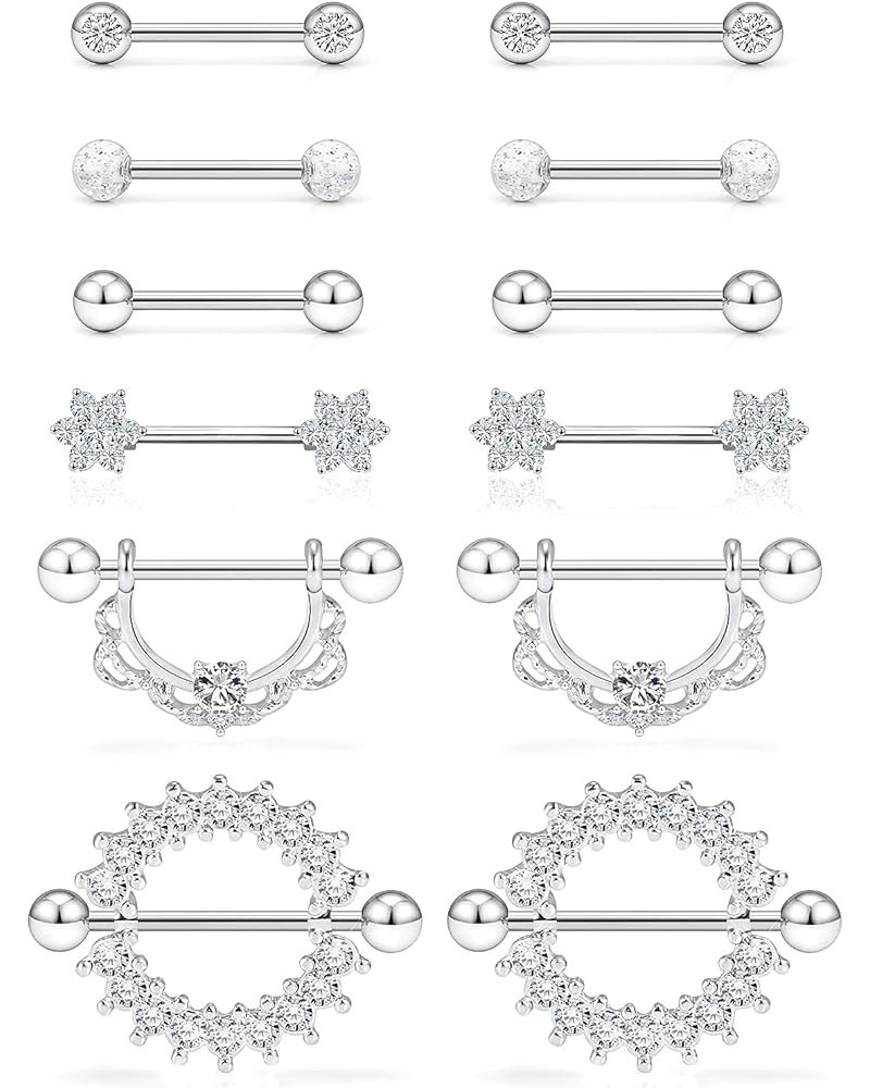 12Pcs 14G Nipple Rings for Women 316L Surgical Steel Dangle Nipple Hoop Crystal CZ Flower Straight Tongue Barbell Body Jewelr...