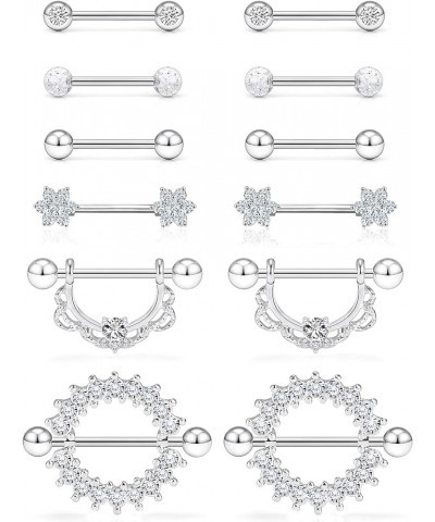 12Pcs 14G Nipple Rings for Women 316L Surgical Steel Dangle Nipple Hoop Crystal CZ Flower Straight Tongue Barbell Body Jewelr...