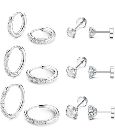 Huggie Hoop Earrings for Women 316L Stainless Steel Small Cubic Zirconia Hoop Earrings Flat Back Tiny Ball CZ Stud Earrings C...