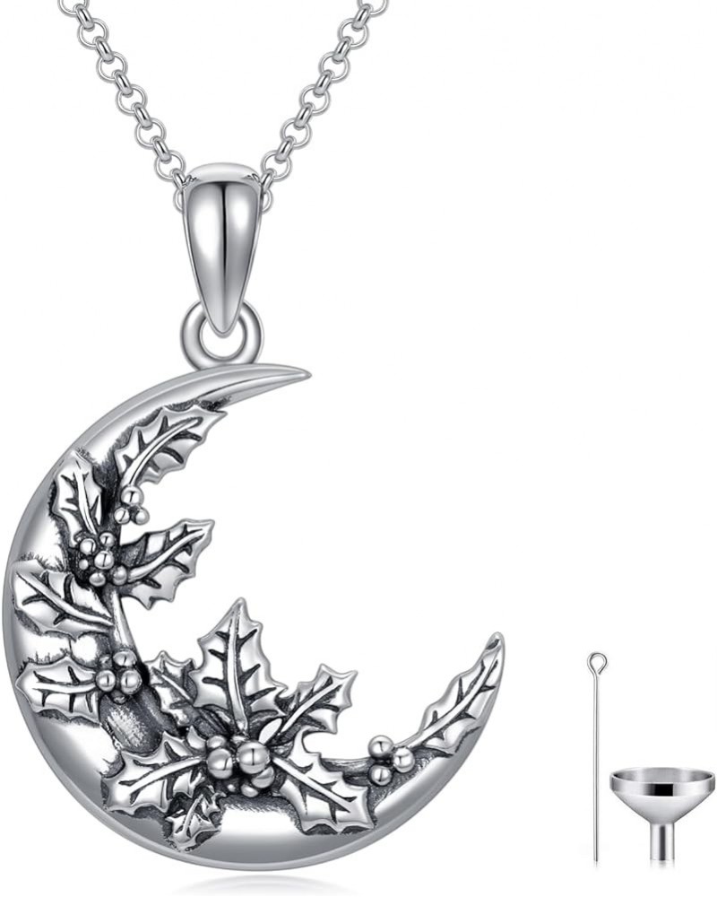 Sterling Silver Moon Crescent Shape Birth Flower Urn Necklace Gothic Birth Flower Cremation Jewelry for Women Holly Flower Ur...