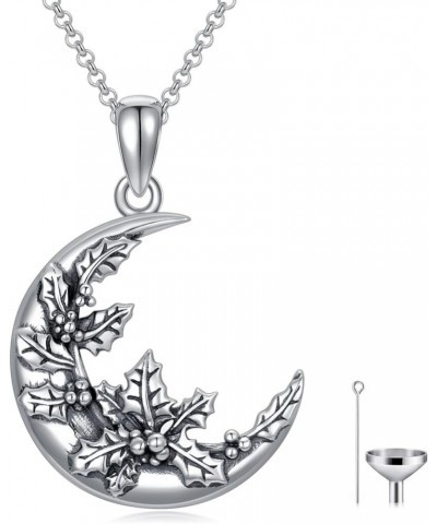 Sterling Silver Moon Crescent Shape Birth Flower Urn Necklace Gothic Birth Flower Cremation Jewelry for Women Holly Flower Ur...