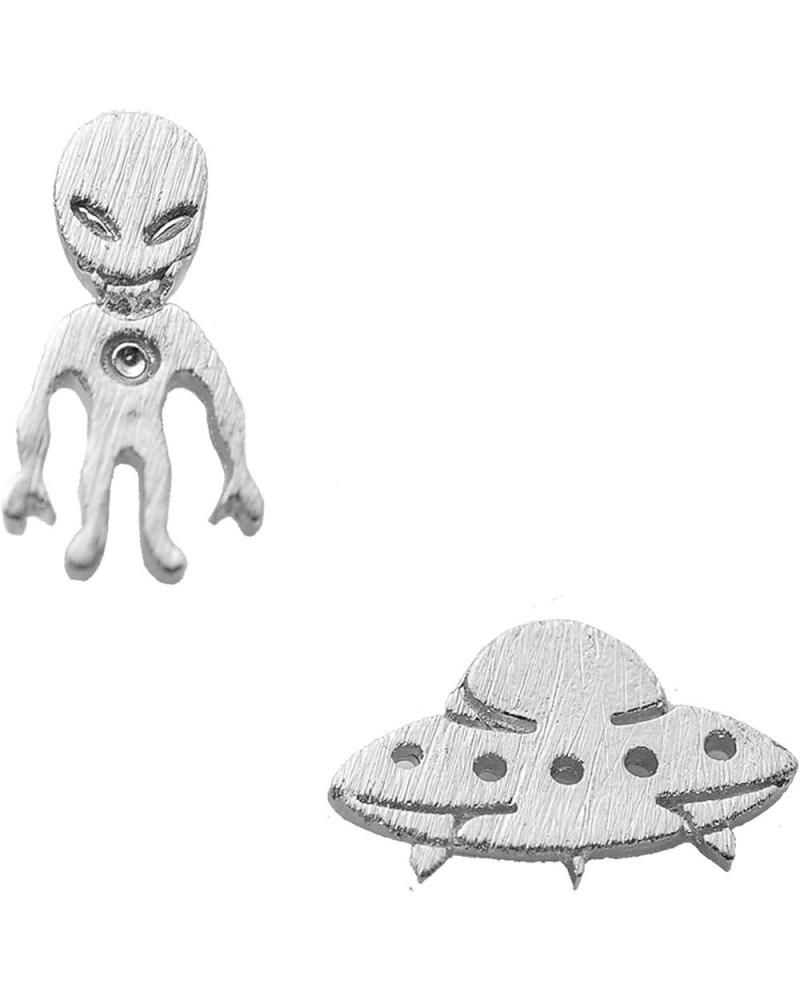 Handcrafted Brushed Metal Alien and UFO Stud Earrings Silver $9.43 Earrings