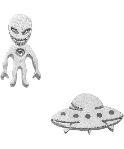 Handcrafted Brushed Metal Alien and UFO Stud Earrings Silver $9.43 Earrings