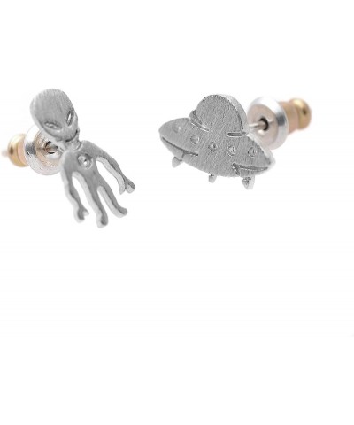 Handcrafted Brushed Metal Alien and UFO Stud Earrings Silver $9.43 Earrings