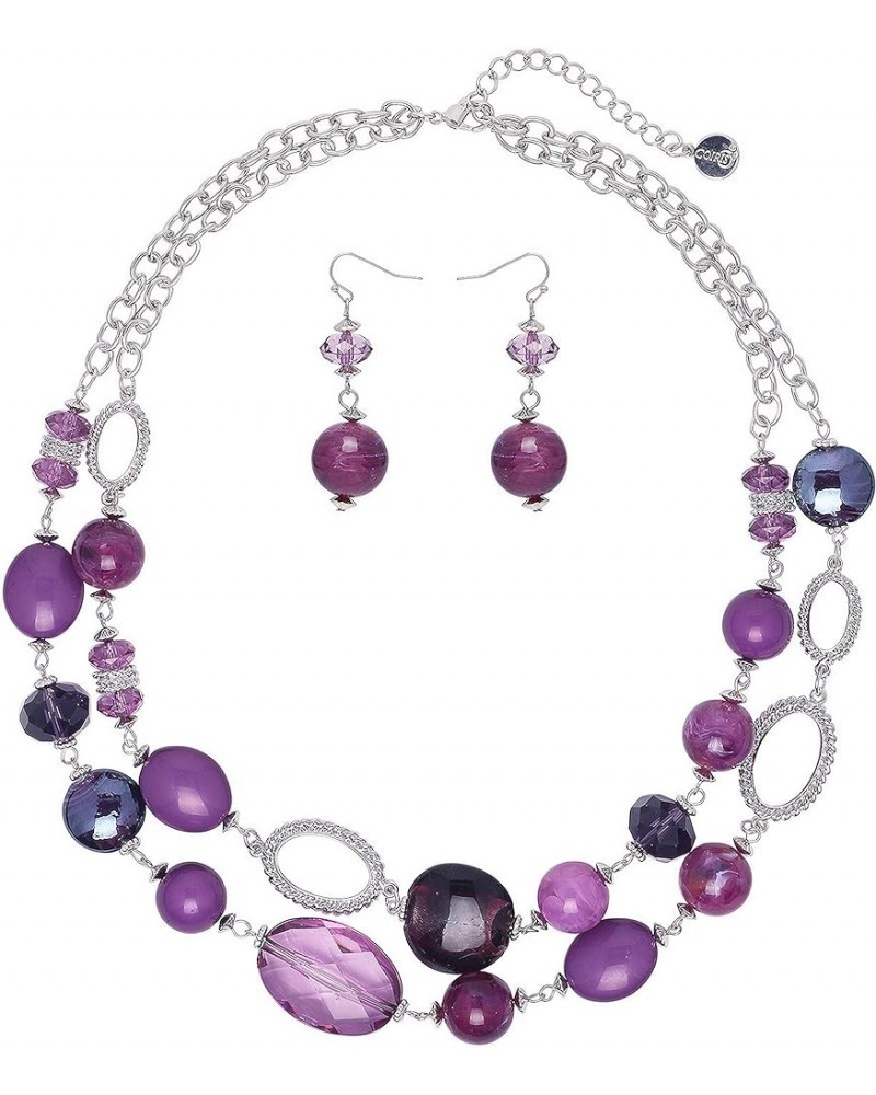 Women's Beaded 2 Layer Strand Statement Necklace with Earrings Collar Jewelry Set (N0003) Purple $11.20 Necklaces