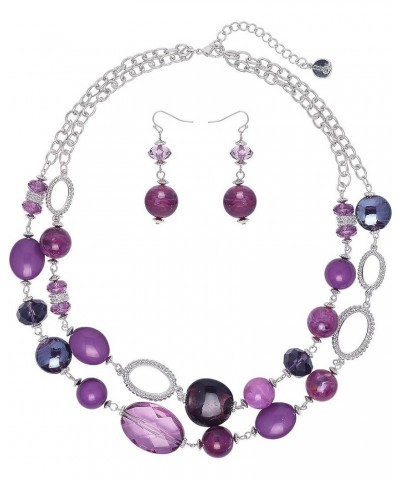 Women's Beaded 2 Layer Strand Statement Necklace with Earrings Collar Jewelry Set (N0003) Purple $11.20 Necklaces