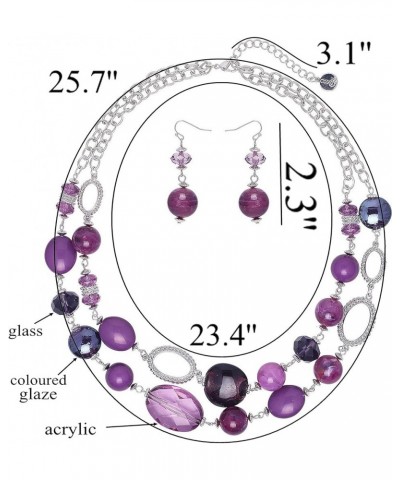 Women's Beaded 2 Layer Strand Statement Necklace with Earrings Collar Jewelry Set (N0003) Purple $11.20 Necklaces