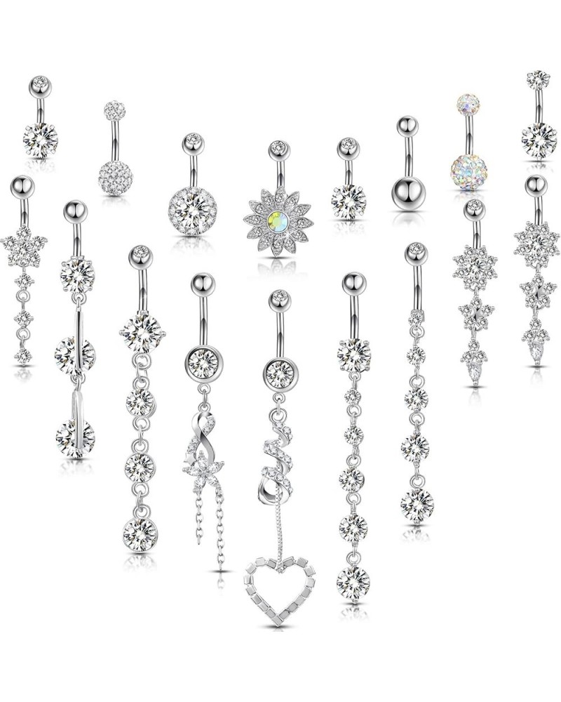 18 Pcs 14G Stainless Steel Belly Button Ring Rhinestone Heart Dangle Belly Button Rings for Women Belly Button Rings Elegant ...