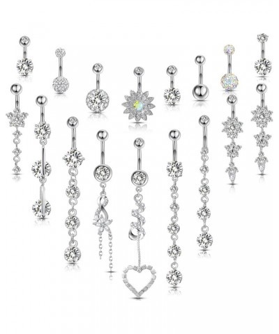 18 Pcs 14G Stainless Steel Belly Button Ring Rhinestone Heart Dangle Belly Button Rings for Women Belly Button Rings Elegant ...