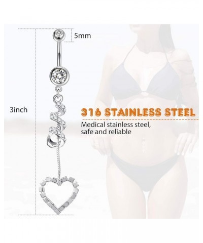 18 Pcs 14G Stainless Steel Belly Button Ring Rhinestone Heart Dangle Belly Button Rings for Women Belly Button Rings Elegant ...