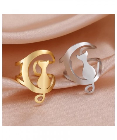 Cat Rings Stainless Steel Adjustable Cute Cats Open Finger Rings Fashion Jewelry Gift for Women Girls Cat C - Gold $7.64 Rings