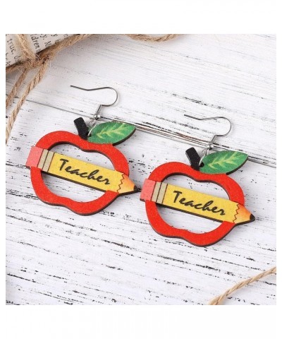 Personality Apple LOVE Pencil Books Dangle Drop Earrings Double Sided Wooden Teacher Student Earrings for Women Girls Teacher...