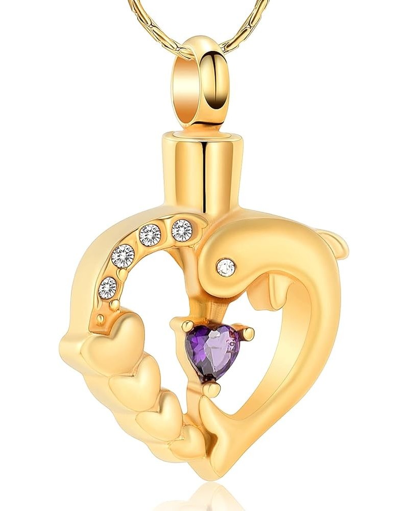 Dolphin Cremation Jewelry for Ashes Memorial Urn Necklace Stainless Steel Keepsake Heart Crystal Pendant Golden+Purple $14.77...