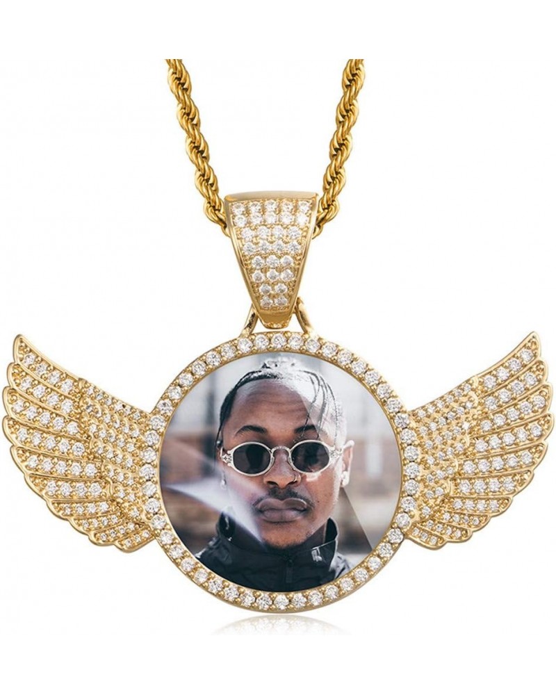 18K Gold Plated Personalized Custom Picture/Photo Pendant Necklace Memory Medallion Necklace with Rope Chain 18.0 Inches Wing...