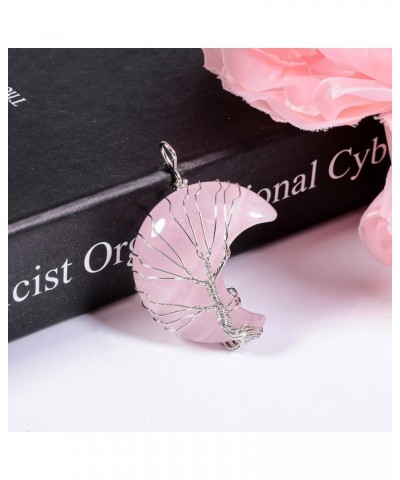 Natural Sea Shell Tree of Life Pendant Necklace for Women and Men, Crescent Moon Pendant with Chain Pink Crystal Stone $9.72 ...