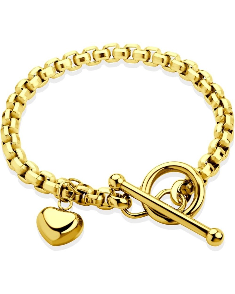 Stainless Steel Toggle Box Link Chain Heart Charm Bracelet for Women & Girls Gold 7.5 Inches $10.78 Bracelets