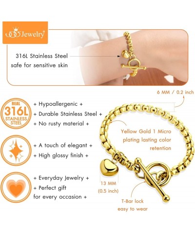 Stainless Steel Toggle Box Link Chain Heart Charm Bracelet for Women & Girls Gold 7.5 Inches $10.78 Bracelets