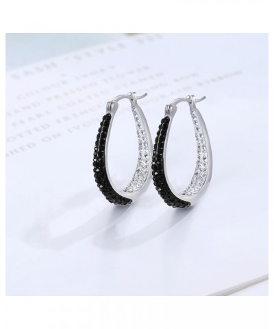 Oval Hoop Earrings, Rhodium Plated Inside Out Crystal Hoop Earrings For Women Fashion Jewelry Black and White $13.51 Earrings