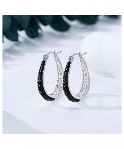 Oval Hoop Earrings, Rhodium Plated Inside Out Crystal Hoop Earrings For Women Fashion Jewelry Black and White $13.51 Earrings