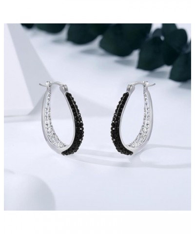 Oval Hoop Earrings, Rhodium Plated Inside Out Crystal Hoop Earrings For Women Fashion Jewelry Black and White $13.51 Earrings